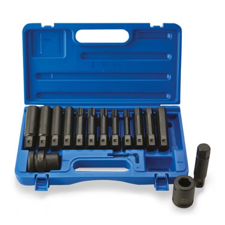 Torx Bits and Torx Socket sets, product image with a blue plastic box and white background. 