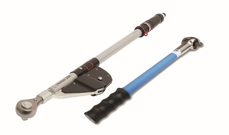 Product image of a hand torque wrench for hire.  Norbar torque wrench with ratchet head and blue wrench extension bar. 