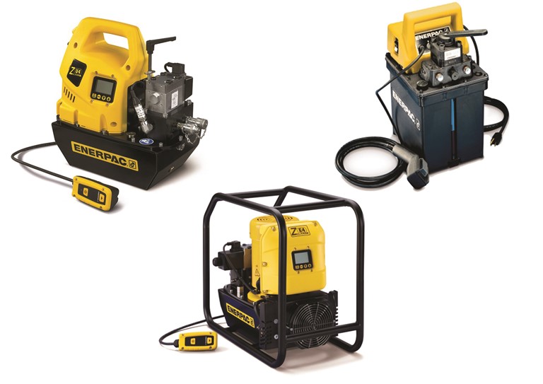 Enerpac Electric Pumps product category images of the electrically powered hydraulic pump range showing 3 pumps