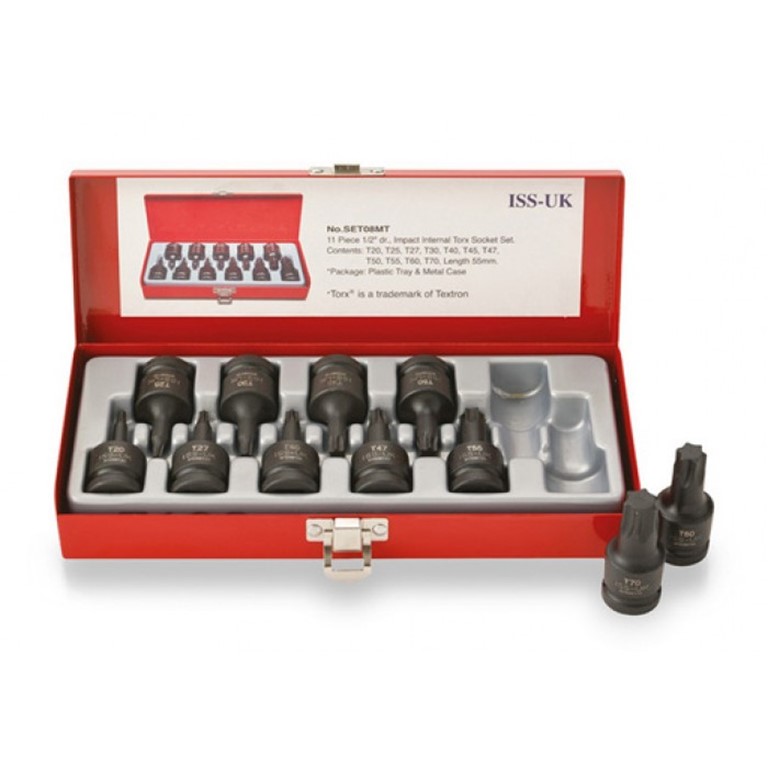 Product image of Male 1/2" Torx Bit Set, with a red metal box and white background, 2 of the torx bits are outside of the torx bit set.