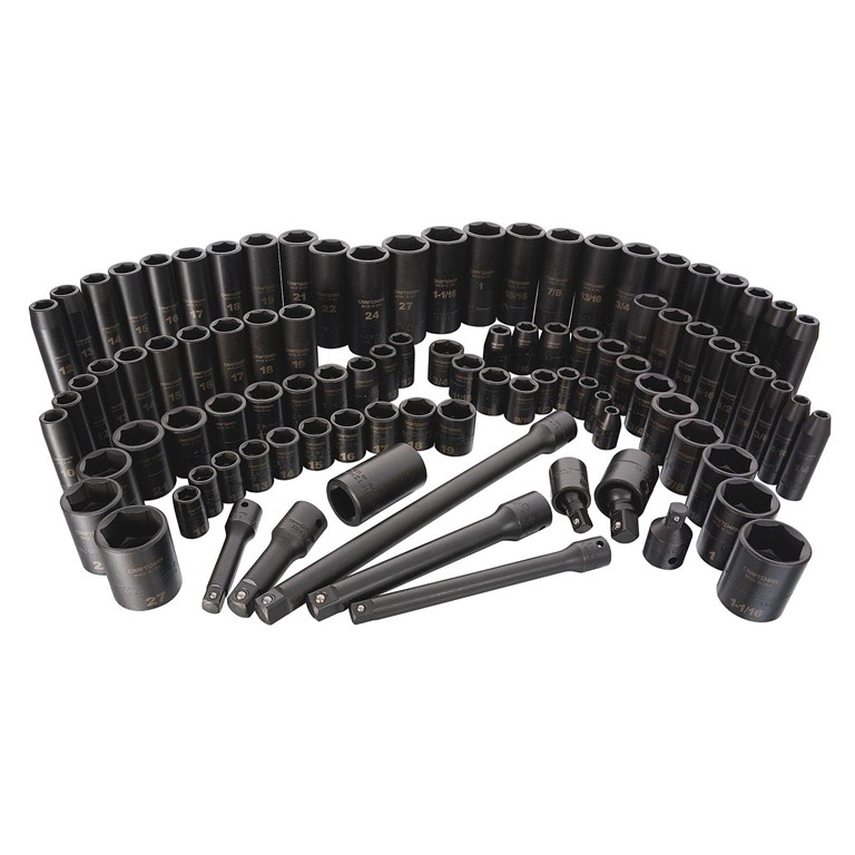Product image of Applied Torques Carbon Steel Impact Sockets.  The fully range is shown in black with a white background