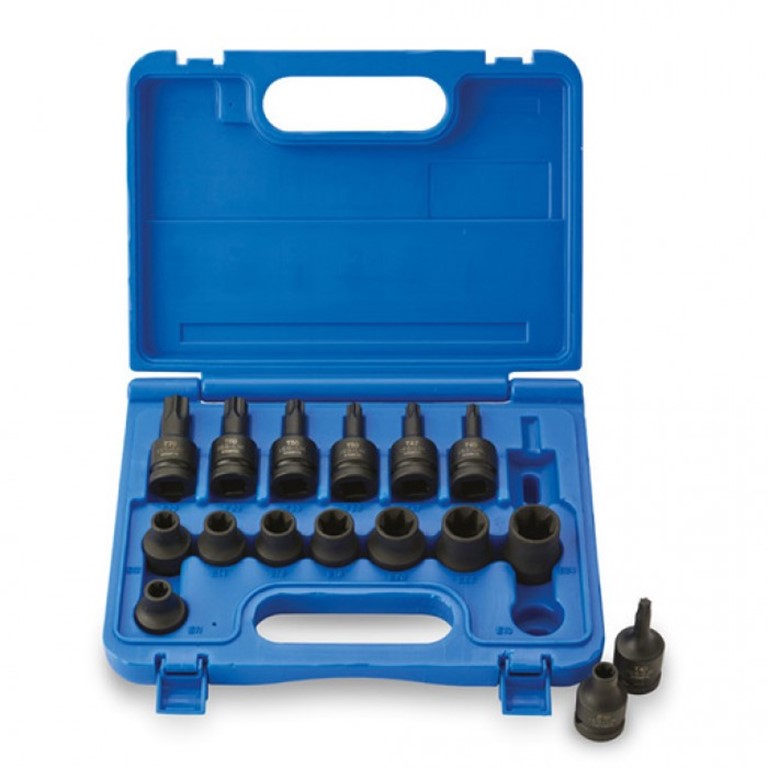 1/2 Inch Drive Torx Bit Sets product image with torx bits in case and presenting all the torx bits in the set